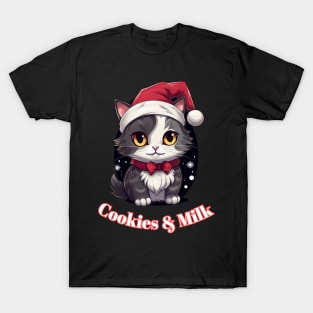 Cookies & Milk - Christmas Cat - Winter Holiday Graphic Quote T-Shirt